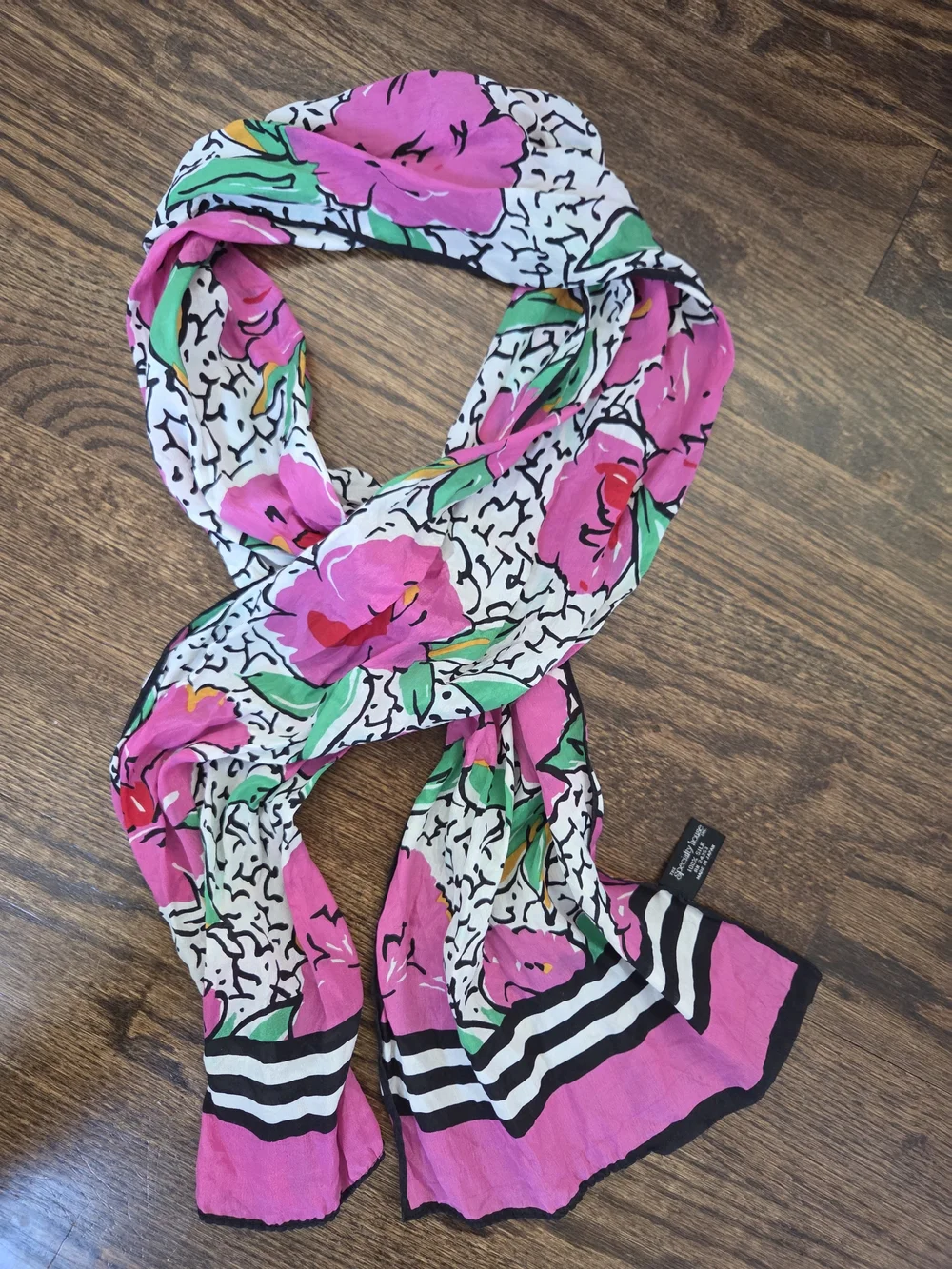 Bright‎ Pink Floral SILK Scarf with Green Leaves And Black And White Stripe